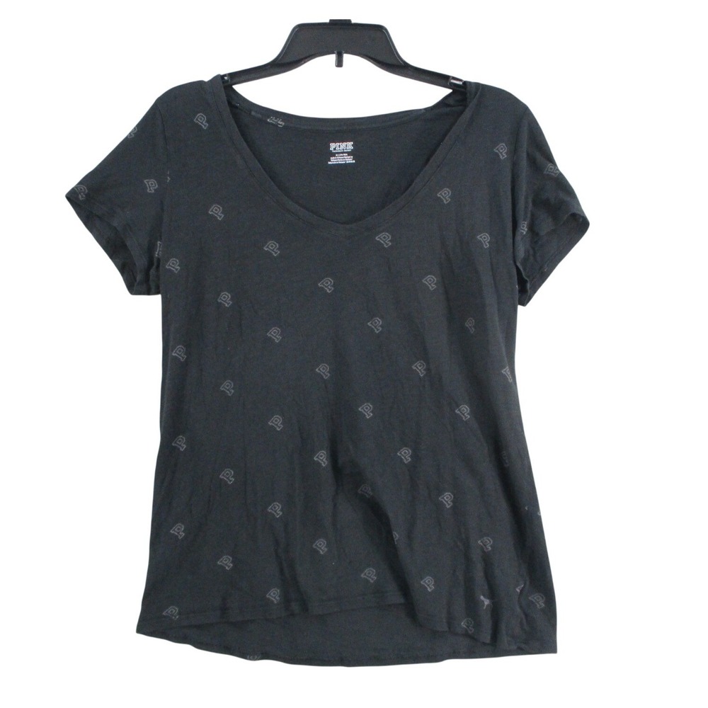 Victorias Secret PINK Womens V-Neck T-Shirt Black All Over Logo Print Size M